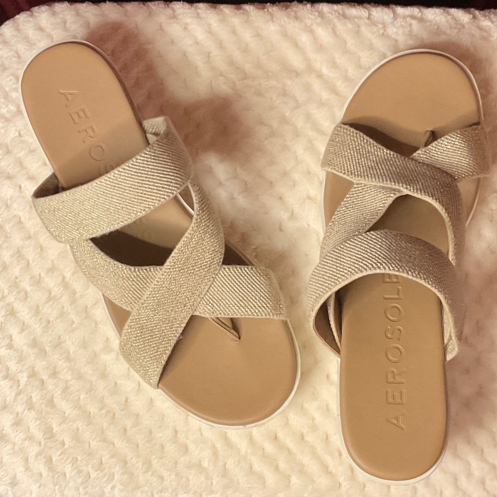 AEROSOLES Sparkle Crisscross Beige Slide Sandals sz 8.5